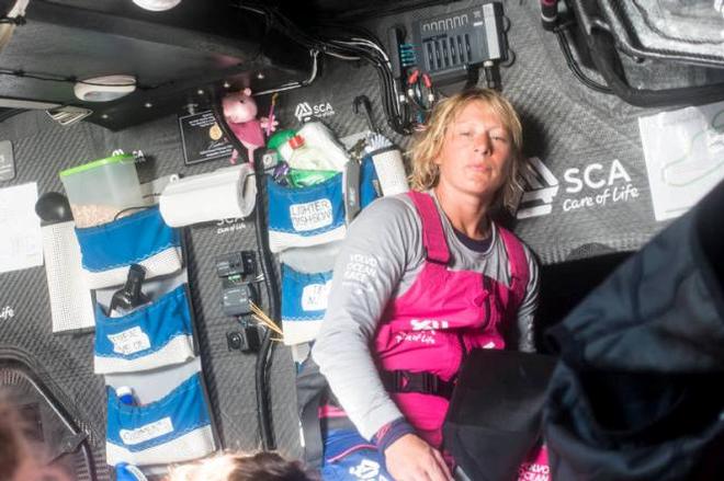 Onboard Team SCA - Abby Ehler just had a late lunch,preparing for next watch - Leg five to Itajai - Volvo Ocean Race 2015 © Anna-Lena Elled/Team SCA